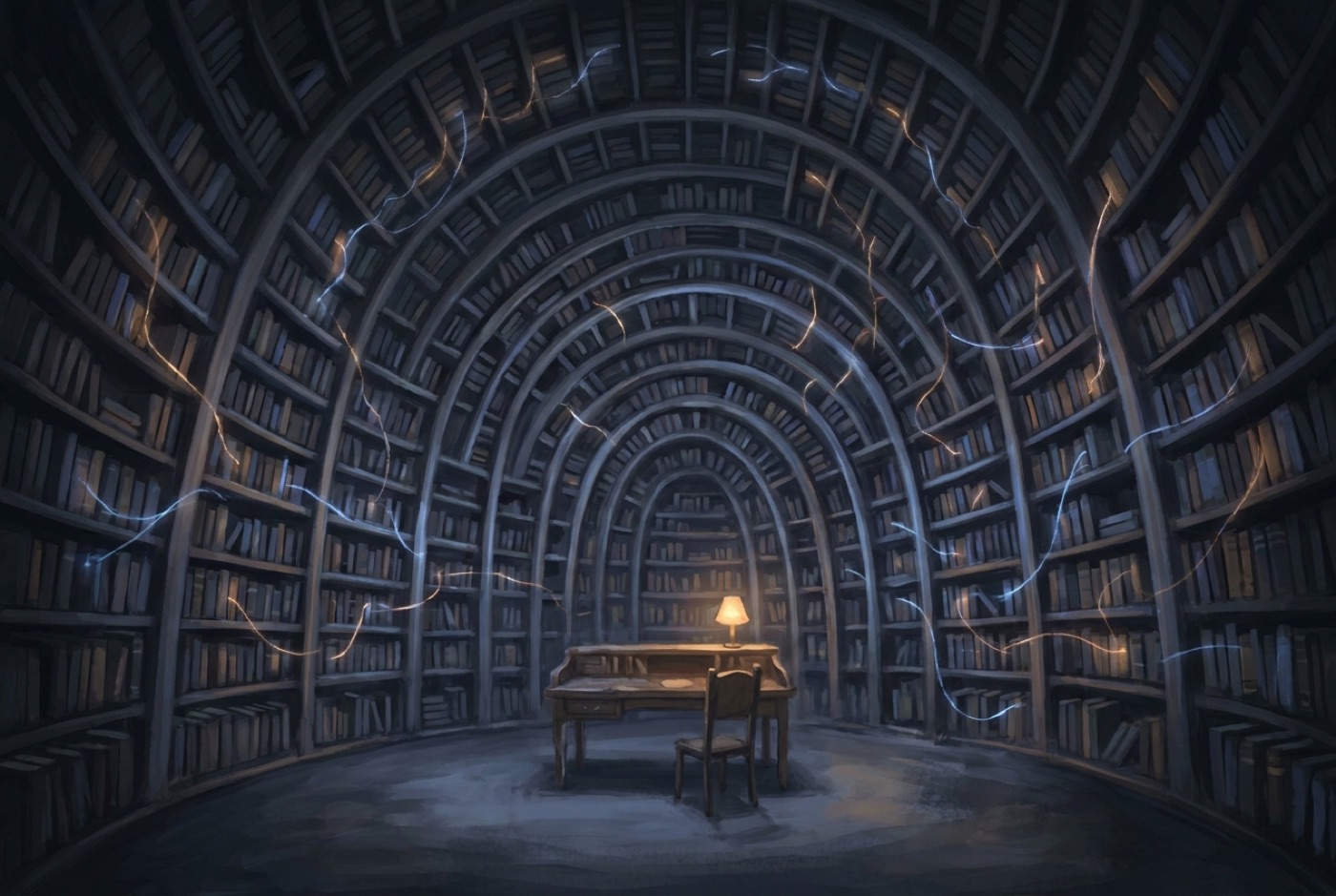 Painting of nested arches of bookshelves converging like a ribcage toward a small desk with a lamp and empty chair, threads of blue and amber light crossing the air.